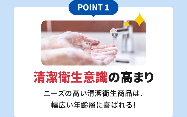 POINT 1 清潔衛生意識の高まりニーズの高い清潔衛生商品は、幅広い年齢層に喜ばれる！