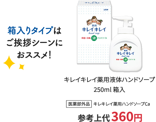 箱入りタイプはご挨拶シーンにおススメ！医薬部外品キレイキレイ薬用液体ハンドソープ250ml箱入 参考上代360円